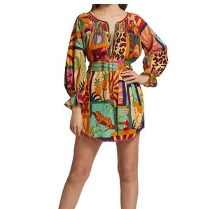 Farm Rio Tropical Collage Linen Blend Tunic Dress Medium belted